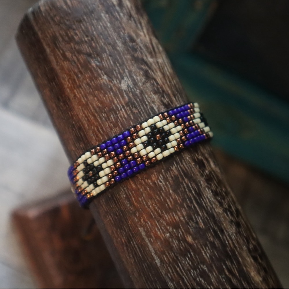 Handcrafted Beaded Aztec Bracelet - Blue and Cream